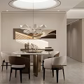 Modern Restaurant Dining Area with Round Table Elegant Chairs Pendant Light and Light Walls