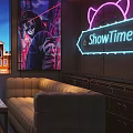Stylish Bar Interior Featuring ShowTime Neon Lights Chandelier And Cozy Sofa Lounge With Cityscape Backdrop