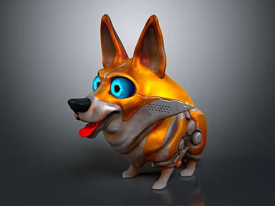 Playful Mechanical Corgi Dog With Big Blue Eyes Orange Fur And Robot Parts 3d model