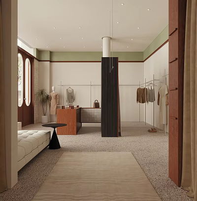 Modern Clothing Store Interior with Mannequins Clothes on Racks Wooden Counter Plant and Sofa 3d model