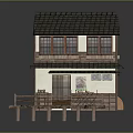 Traditional Two story House Featuring Black Tile Roof Wooden Deck and White Walls