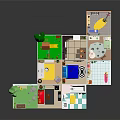 Cartoon Style Multi Level House with Various Rooms and Playground Elements Like Slide