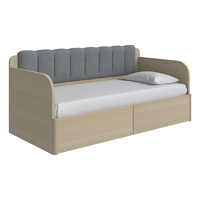 Single Bed with Light Wood Frame Grey Padded Headboard White Mattress and Storage Drawers 3d model