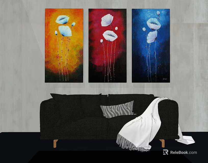 Black Double Sofa With Striped Cushion White Blanket And Three Floral Paintings On Gray Wall 3d model 