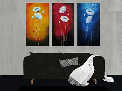 Black Double Sofa With Striped Cushion White Blanket And Three Floral Paintings On Gray Wall 3d model