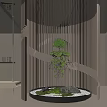 Modern Plant Combination Featuring Spiral Wooden Slats Hanging Greenery Mossy Platform Stones And Circular Base