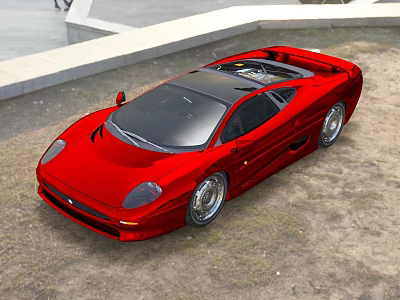 Sleek Red Sports Car With Black Roof Alloy Wheels On Dirt Ground 3d model