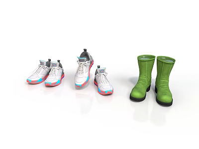 Everyday Life Footwear With Two Pairs Of Sneakers And Green Rain Boots 3d model