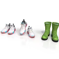 Everyday Life Footwear With Two Pairs Of Sneakers And Green Rain Boots