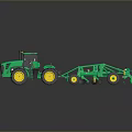 Green Agricultural Tractor With Attached Cultivator And Large Yellow Rim Wheels