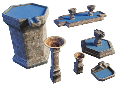 Garden Ornaments With Stone Pedestals Various Shapes And Blue Water Basin Tops 3d model