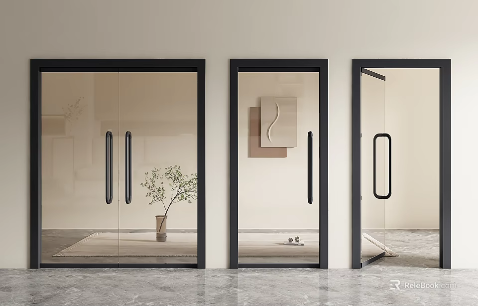 Modern Glass Double Doors With Black Frames In Sleek Interior Space 3d model