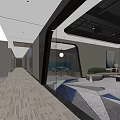 Modern Office Reception Area with Large Windows Sofa Chair Geometric Carpet and Green Plants