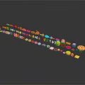 Colorful Food Models Including Fruits Vegetables Meats Desserts Arranged In A Row