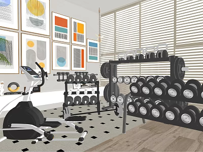 Sports Equipment For Indoor Gym With Elliptical Trainer Dumbbell Rack Multiple Dumbbells Framed Artworks And Window Blinds 3d model