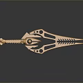 Golden Decorative Spear Featuring Intricate Geometric Patterns And Sharp Pointed Tip