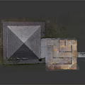 Cartoon Scene With Gray Stone Pyramid And Orange Ancient Structure On Grassy Ground