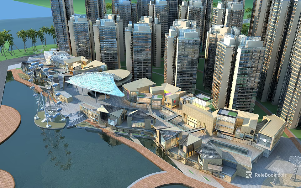 Modern Commercial Street With Waterfront Pedestrian Area And High Rise Buildings 3d model 