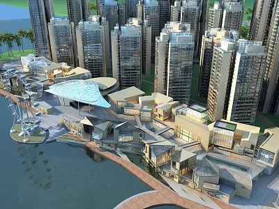 Modern Commercial Street With Waterfront Pedestrian Area And High Rise Buildings 3d model