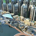 Modern Commercial Street With Waterfront Pedestrian Area And High Rise Buildings