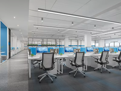 Spacious Bright Open Public Office Space With Multiple Workstations White Desks Office Chairs And Computers 3d model