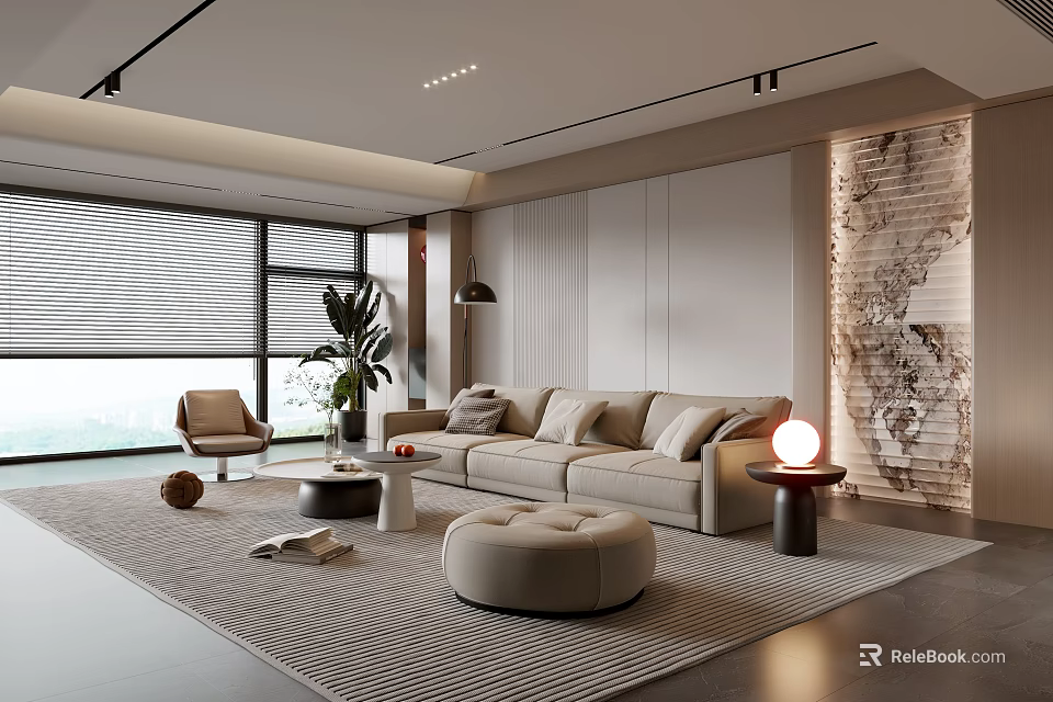 Modern Living Room Interior With Neutral Sofa Ottoman Floor to Ceiling Windows and Decorative Wall 3d model 