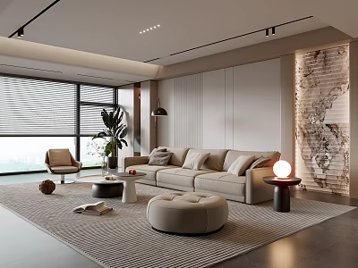 Modern Living Room Interior With Neutral Sofa Ottoman Floor to Ceiling Windows and Decorative Wall 3d model