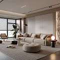 Modern Living Room Interior With Neutral Sofa Ottoman Floor to Ceiling Windows and Decorative Wall
