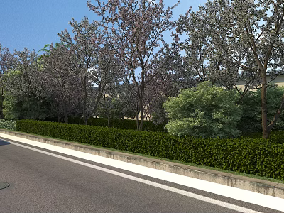 Road Infrastructure With Green Hedges Flowering Trees Curb And Paved Surface 3d model