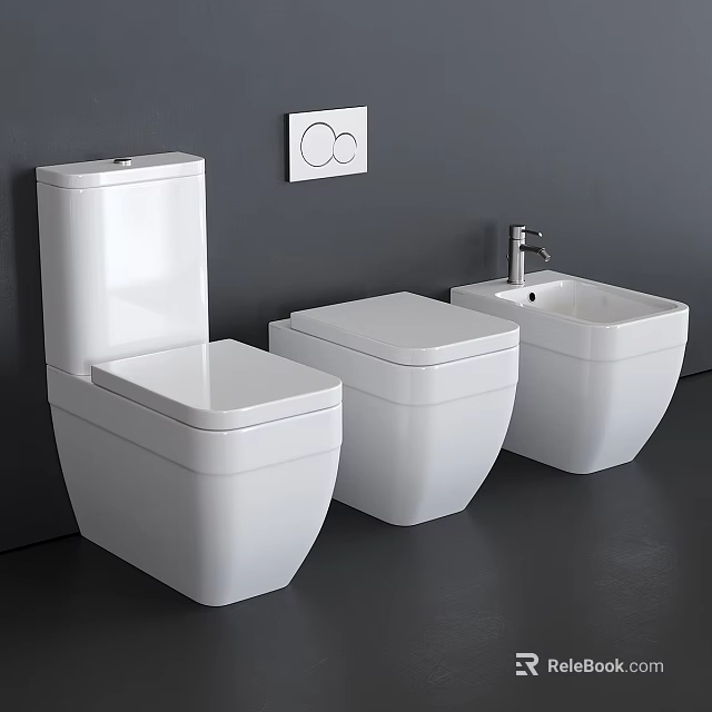 White Modern Toilet And Bidet Set With Grey Wall Control Panel Design 3d model 