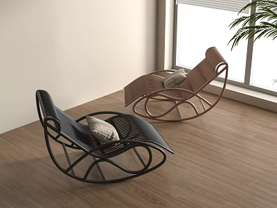 Modern Woven Rocking Lounge Chairs Black and Brown Indoor with Wooden Floor and Window 3d model