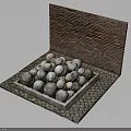 Wooden Plank And Stone Display With Decorative Stone Balls On Tiled Floor