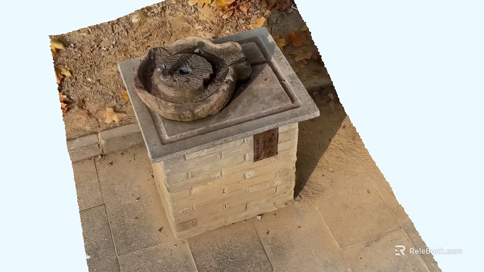 Park Landscape Featuring Stone Basin on Brick Pedestal with Fallen Leaves and Paved Path 3d model 