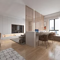 Modern Living Dining Area With Wooden Lattice Screens Light Gray Sofa And Open Kitchen