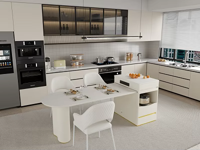 Modern Kitchen Interior With White Island Dining Table White Chairs And Built In Appliances 3d model