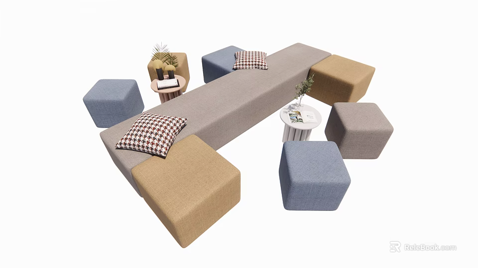 Modern Sofa And Coffee Table Set With Multicolor Cushions Checkered Pillows Small Round Tables And Decorative Plants 3d model