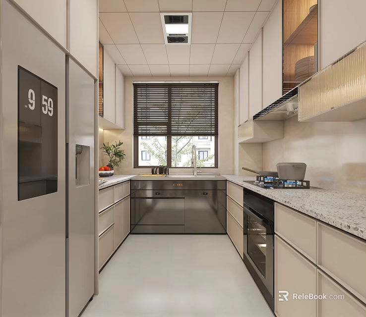 Modern Kitchen Interior With White Cabinets Stainless Steel Refrigerator Sink Granite Countertop And Window Blinds 3d model 