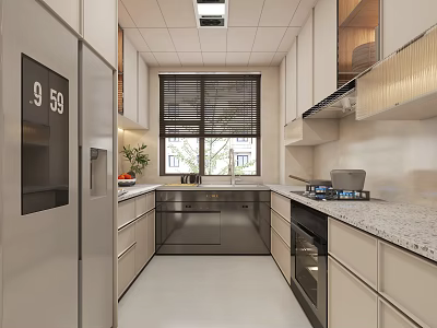 Modern Kitchen Interior With White Cabinets Stainless Steel Refrigerator Sink Granite Countertop And Window Blinds 3d model