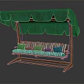 Outdoor Swing Chair With Green Canopy And Striped Cushions On Wooden Frame
