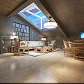 Clubhouse Mahjong Room With Turquoise Walls Wooden Ceiling Framed Paintings And Geometric Chandeliers