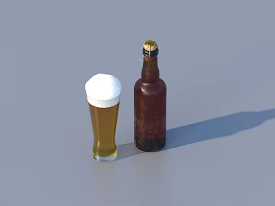 Dark Brown Beer Bottle and Glass with Golden Beer and White Foam on Gray Background 3d model