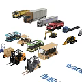 Various Types of Utility Vehicles Including Cargo Trucks Transport Trailers and Excavators
