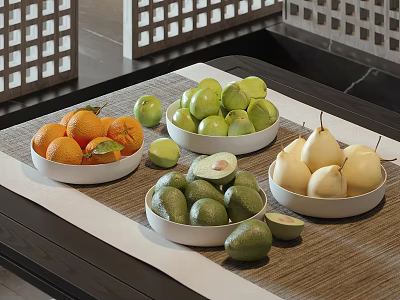 Fresh Oranges Green Apples Avocados Pears In White Bowls On Table Mat 3d model