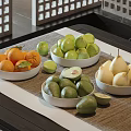 Fresh Oranges Green Apples Avocados Pears In White Bowls On Table Mat
