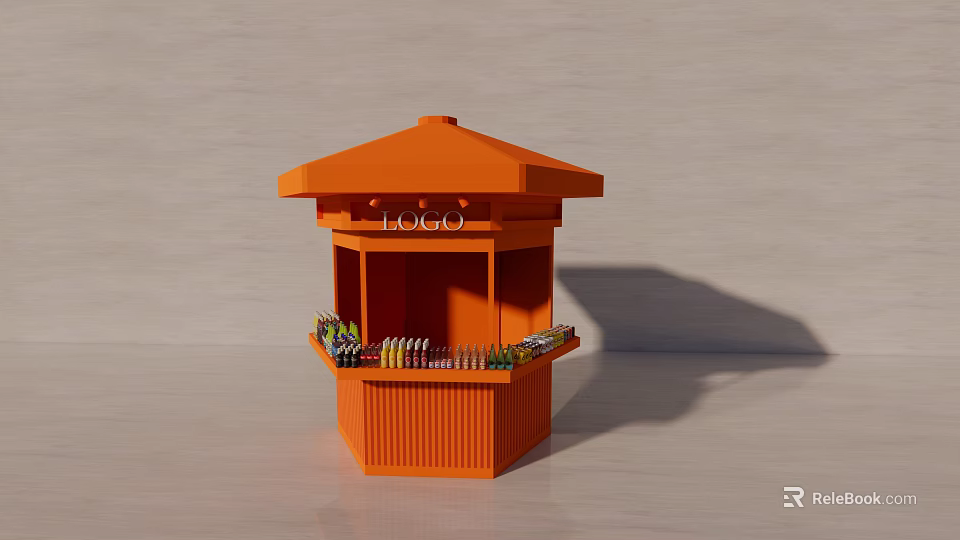 Interactive Area Featuring Orange Kiosk With Logo And Display Items 3d model