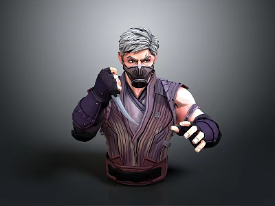 Gray Haired Male Character Bust Wearing Black Mask And Dark Striped Outfit Holding Dagger 3d model