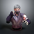 Gray Haired Male Character Bust Wearing Black Mask And Dark Striped Outfit Holding Dagger