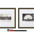 Vintage Eiffel Tower Cityscape Wall Art with Black Frames and Gold Trim 3d model