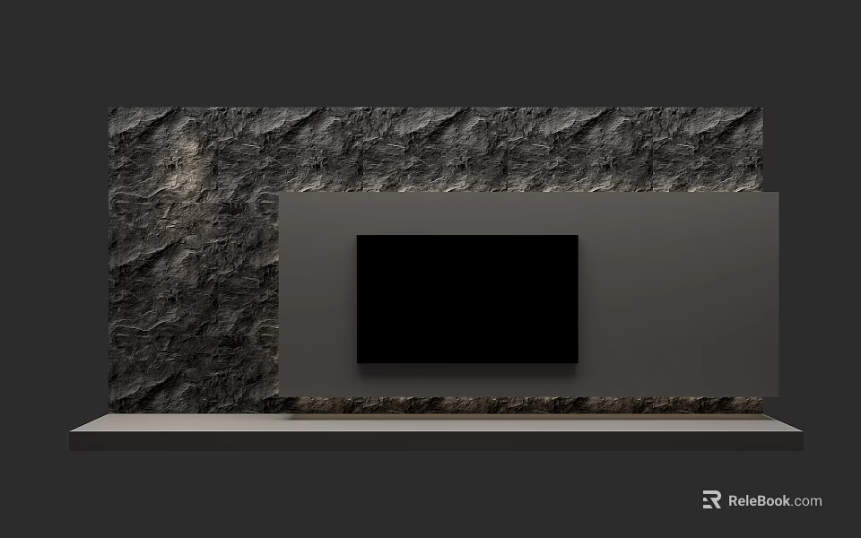 Modern TV Background Wall With Stone Texture And Black TV On Platform 3d model 