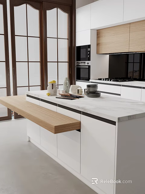 Modern Open Kitchen Interior Design With Island Counter And Cabinets 3d model